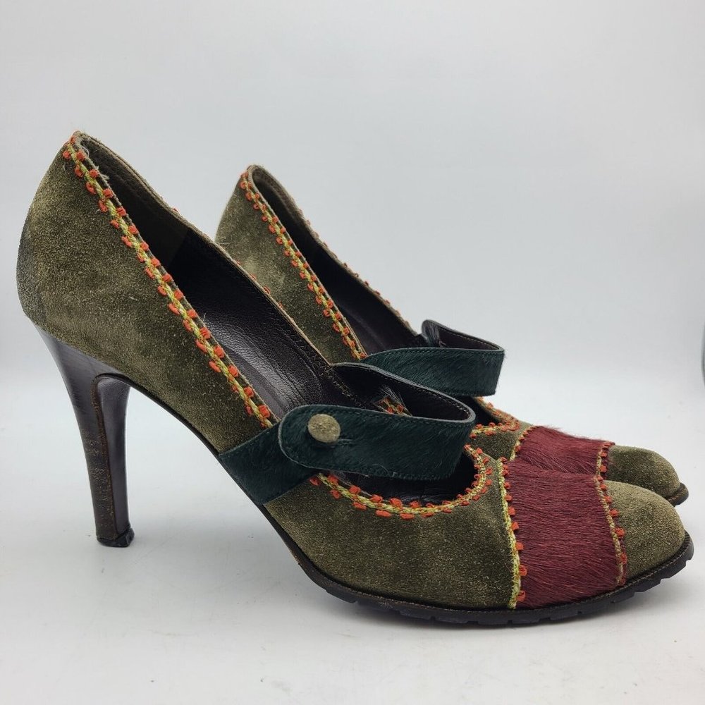 Philosophy Alberta Ferretti Designer heels pumps green red calf hair sz 8.5 39 - Picture 3 of 11